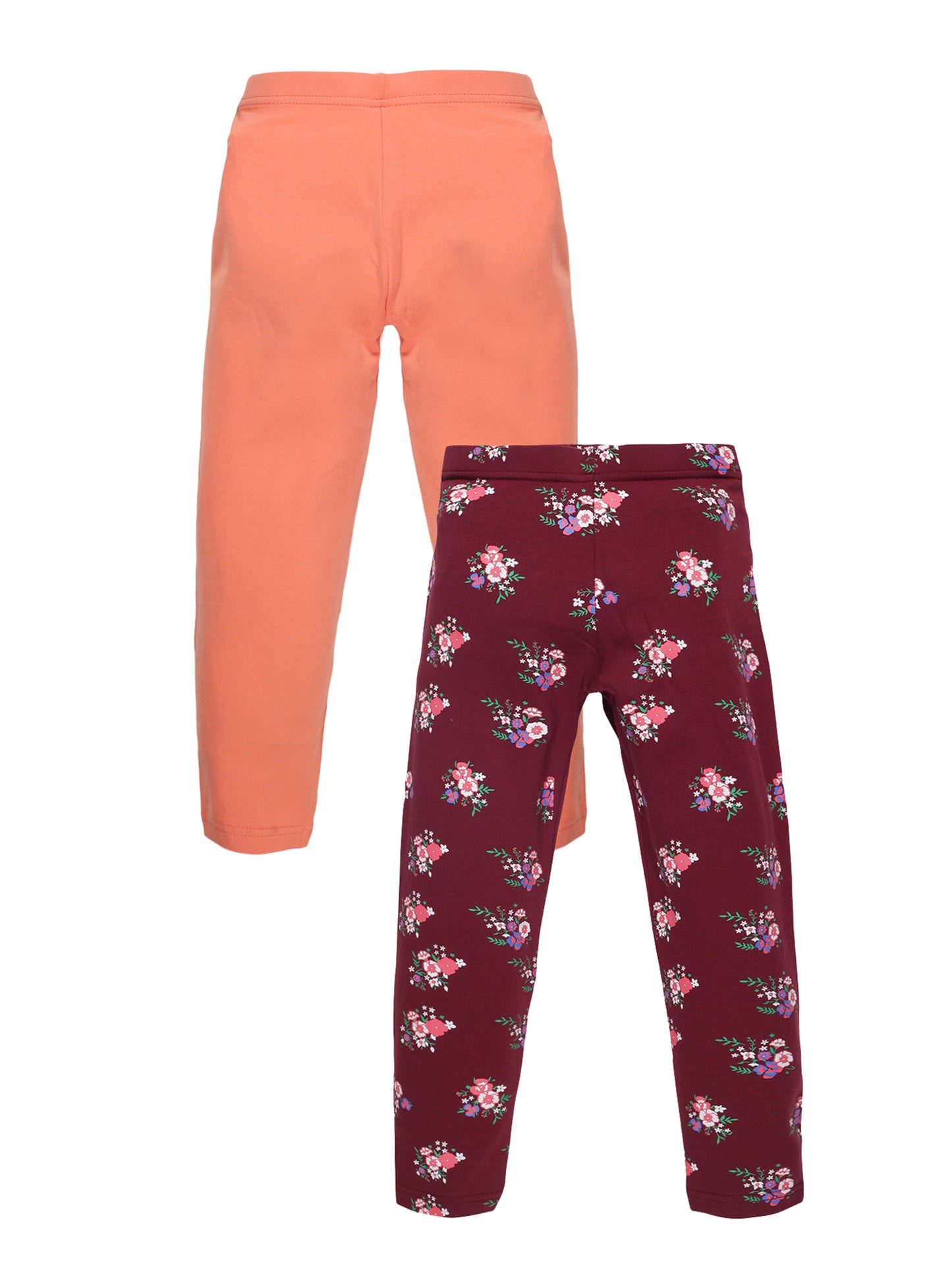 Plum Tree Girls Floral printed and solid Leggings( Pack of 2) -BURGUNDY	ORANGE