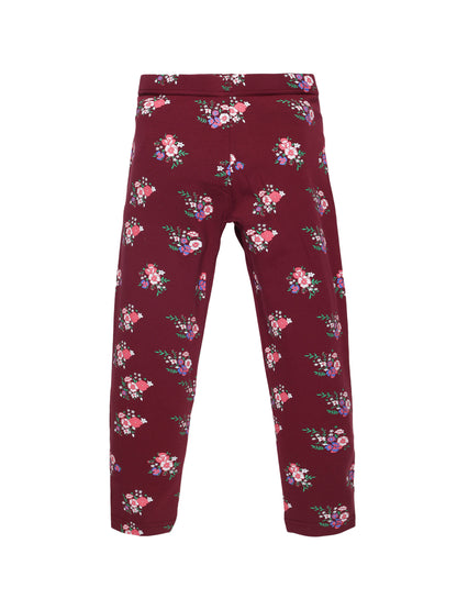 Plum Tree Girls Floral printed and solid Leggings( Pack of 2) -BURGUNDY	ORANGE
