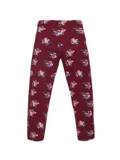 Plum Tree Girls Floral printed and solid Leggings( Pack of 2) -BURGUNDY	ORANGE