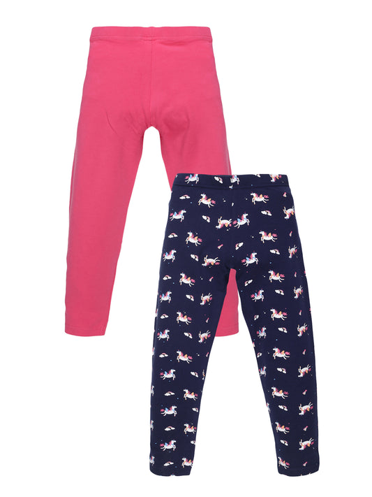 Plum Tree Girls Unicorn & Rainbow printed and solid Leggings( Pack of 2) -NAVY  PINK
