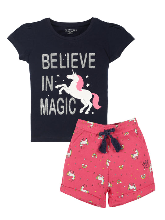 Plum Tree Girls Half Sleeve Unicorn Print T-shirt and short( Sets)-NAVY	PINK