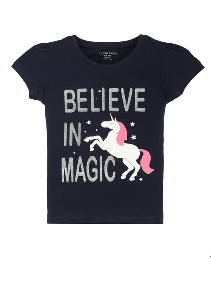 Plum Tree Girls Half Sleeve Unicorn Print T-shirt and short( Sets)-NAVY	PINK
