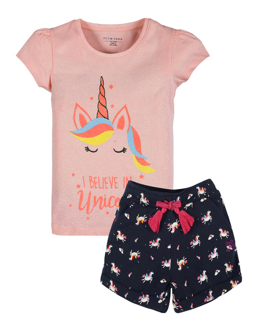 Plum Tree Girls Half Sleeve Team Unicorn Print T-shirt and short( Sets)-PINK	NAVY