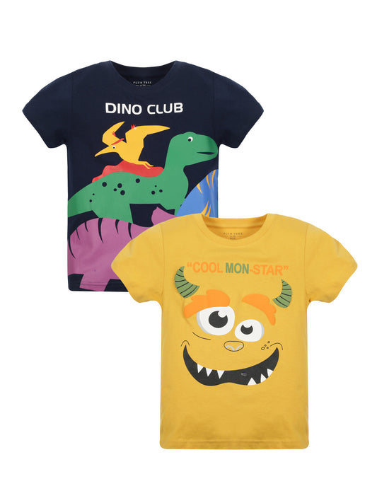 Plum Tree Boys Half Sleeve Dinosaur Print T-shirt( Pack of 2)-NAVY YELLOW