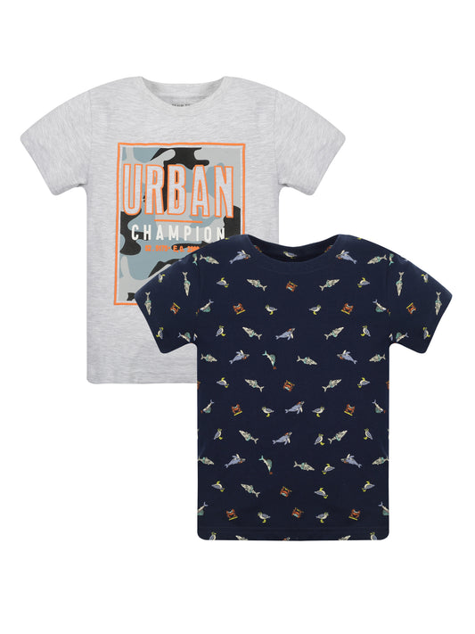 Plum Tree Boys Half Sleeve Champion Print T-shirt( Pack of 2)-GREY MELANGE NAVY