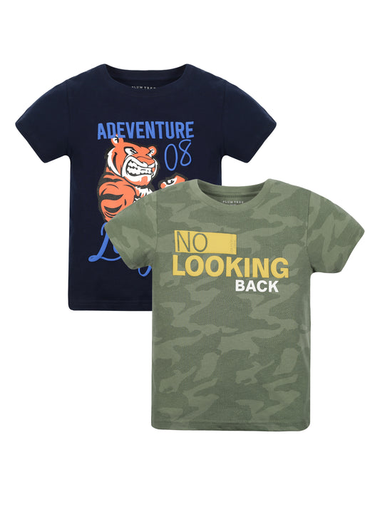 Plum Tree Boys Half Sleeve Tiger Print T-shirt( Pack of 2)-OLIVE GREEN NAVY