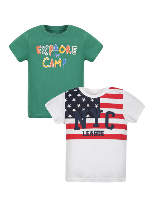 Plum Tree Boys Half Sleeve NYC Print T-shirt( Pack of 2)-GREEN WHITE
