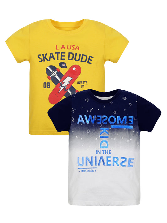 Plum Tree Boys Half Sleeve Skate Print T-shirt( Pack of 2)-WHITE YELLOW