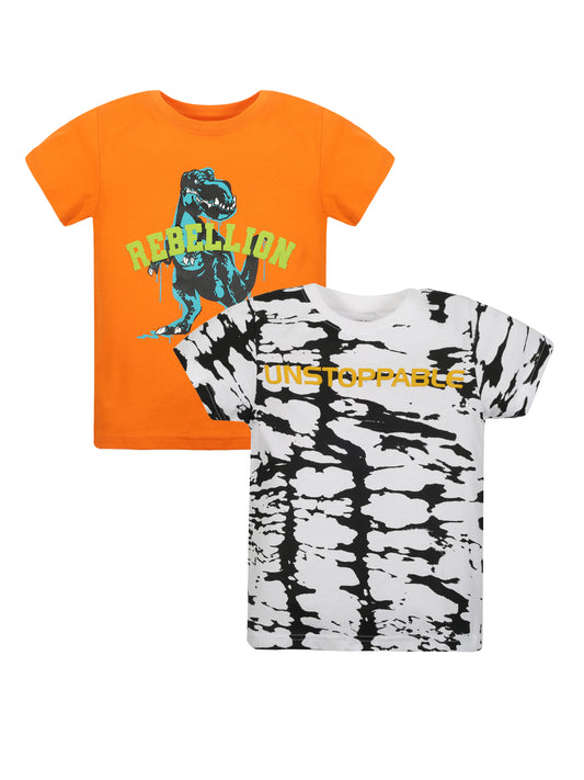 Plum Tree Boys Half Sleeve Unstoppable Print T-shirt( Pack of 2)-ORANGE WHITE