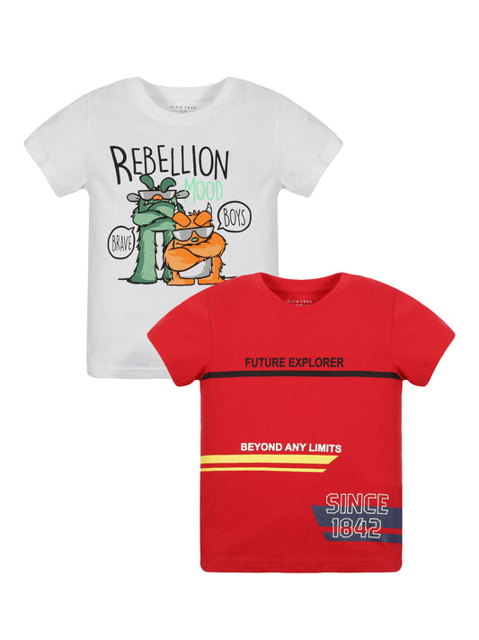 Plum Tree Boys Half Sleeve Explorer Print T-shirt( Pack of 2)-RED WHITE