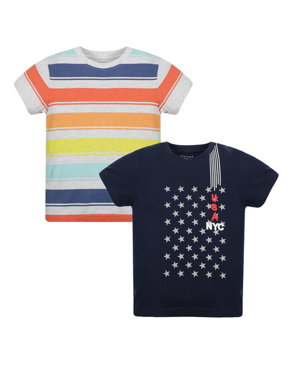 Plum Tree Boys Half Sleeve Star Print T-shirt( Pack of 2)-GREY MELANGE NAVY