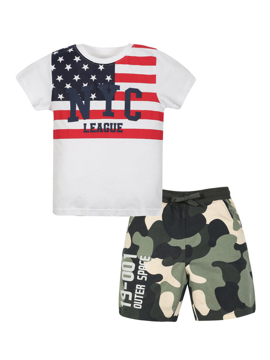 Plum Tree Boys Half Sleeve NYC Print T-shirt & Shorts ( Sets)-WHITE CAMOFLAGUE