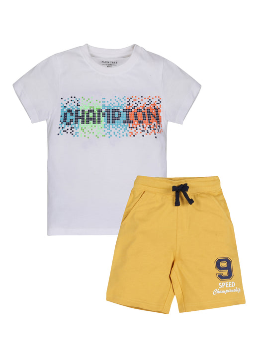 Plum Tree Boys Half Sleeve Champion Print T-shirt & Shorts ( Sets)-WHITE YELLOW