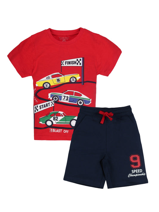 Plum Tree Boys Half Sleeve Car Print T-shirt & Shorts ( Sets)-RED NAVY