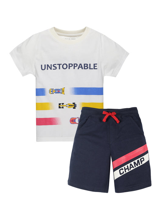 Plum Tree Boys Half Sleeve Unstoppable Print T-shirt & Shorts ( Sets)-WHITE NAVY