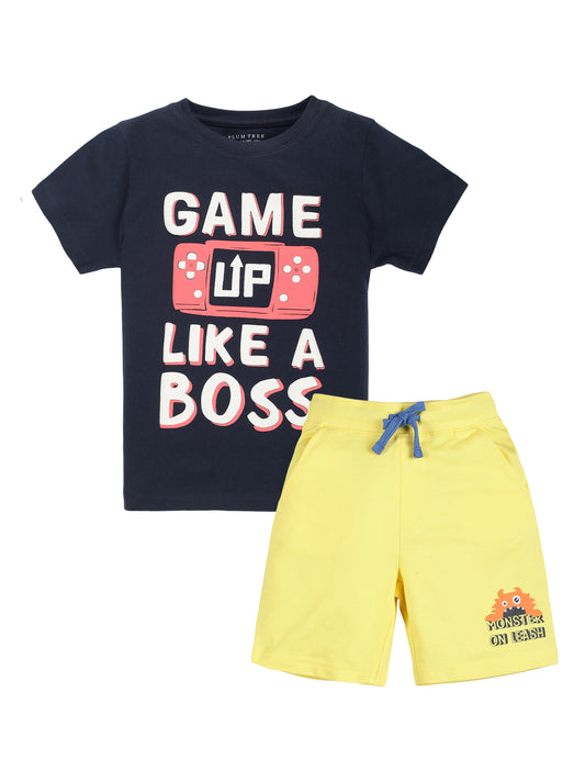 Plum Tree Boys Half Sleeve Game Up Print T-shirt & Shorts ( Sets)-NAVY YELLOW