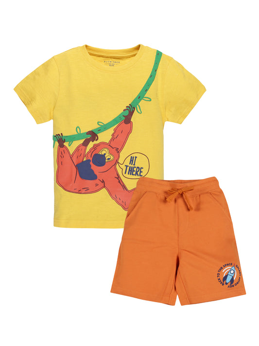 Plum Tree Boys Half Sleeve Monkey Print T-shirt & Shorts ( Sets)-YELLOW ORANGE