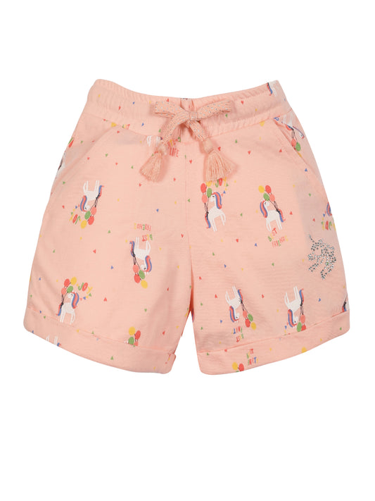 Girls Unicorn printed Shorts- PEACH