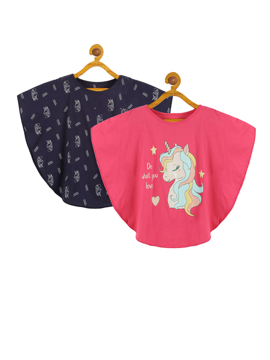 Plum Tree Girls Poncho Unicorn Print T-shirt( Pack of 2)-NAVY RASPBERRY