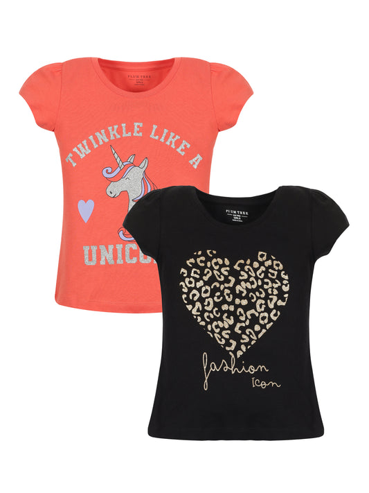 Plum Tree Girls Half Sleeve Unicorn Print T-shirt( Pack of 2)-CORAL BLACK