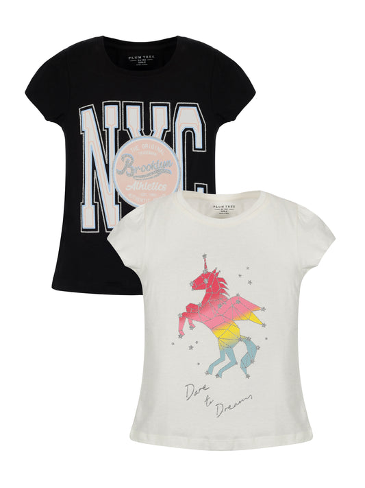 Plum Tree Girls Half Sleeve Unicorn Print T-shirt( Pack of 2)-OFF WHITE BLACK