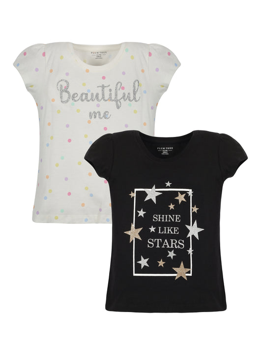 Plum Tree Girls Half Sleeve Polka Print T-shirt( Pack of 2)-OFF WHITE BLACK