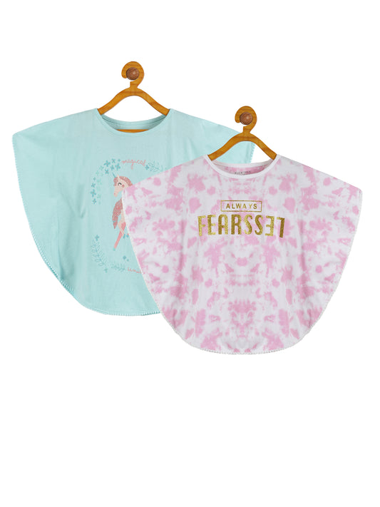 Plum Tree Girls Poncho Horse Print T-shirt( Pack of 2)-PINK AQUA