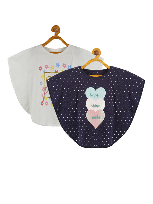 Plum Tree Girls Poncho Flower Print T-shirt( Pack of 2)-NAVY OFF WHITE
