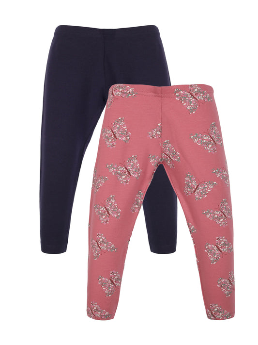 Plum Tree Girls  Butterfly  printed and solid Leggings( Pack of 2) -PINK  NAVY