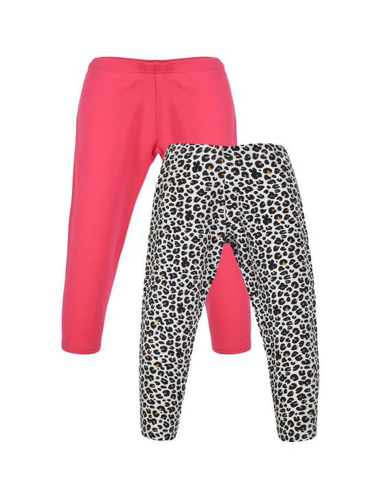 Plum Tree Girls Leopard  Printed and solid Leggings( Pack of 2) - BLACK RASPBERRY