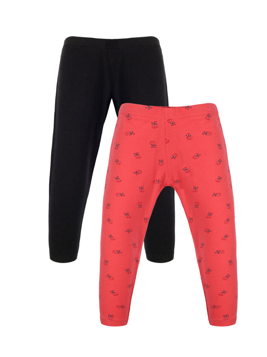 Plum Tree Girls  Ladybug Printed and solid Leggings( Pack of 2) - CORAL BLACK