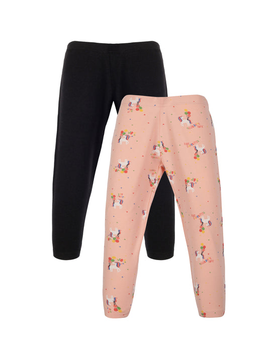 Plum Tree Girls  Unicorn Printed and solid Leggings( Pack of 2) - PEACH BLACK