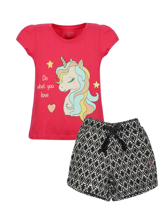 Plum Tree Girls Half Sleeve Unicorn Print T-shirt and short( Sets)- RASPBERRY BLACK