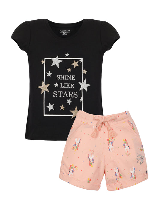 Plum Tree Girls Half Sleeve Star Print T-shirt and short( Sets)- BLACK PEACH