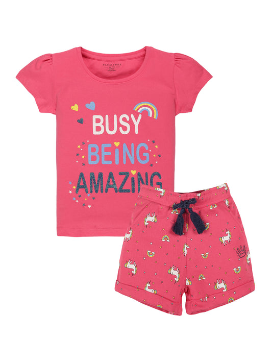 Plum Tree Girls Half Sleeve Rainbow Print T-shirt and short( Sets)- DARK PINK DARK PINK
