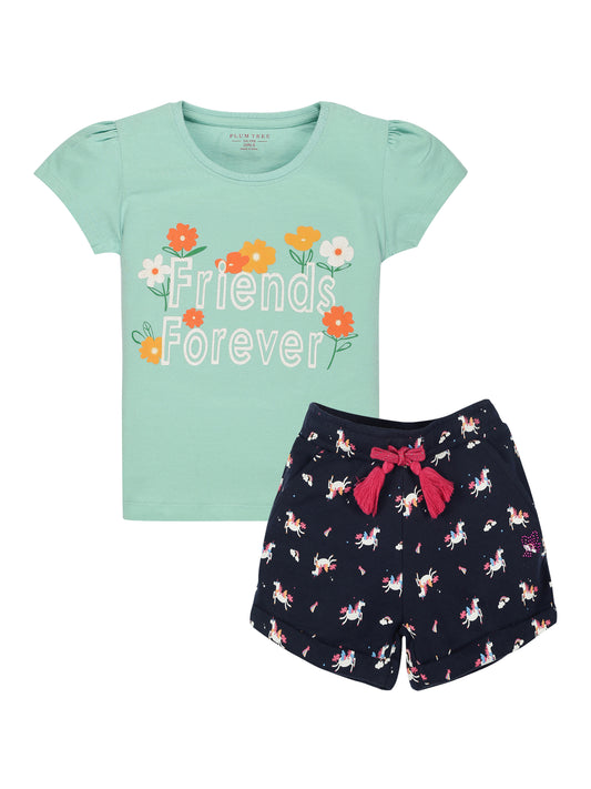 Plum Tree Girls Half Sleeve Flower Print T-shirt and short( Sets)- AQUA NAVY