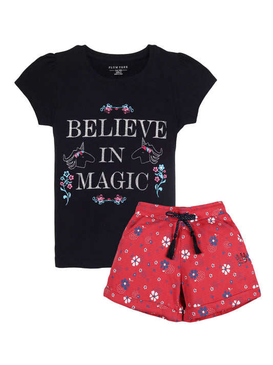 Plum Tree Girls Half Sleeve Magic Print T-shirt and short( Sets)- BLACK RED