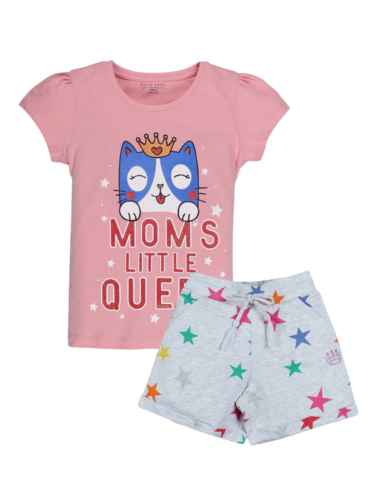 Plum Tree Girls Half Sleeve Star Print T-shirt and short( Sets) - PINK  GREY MELANGE