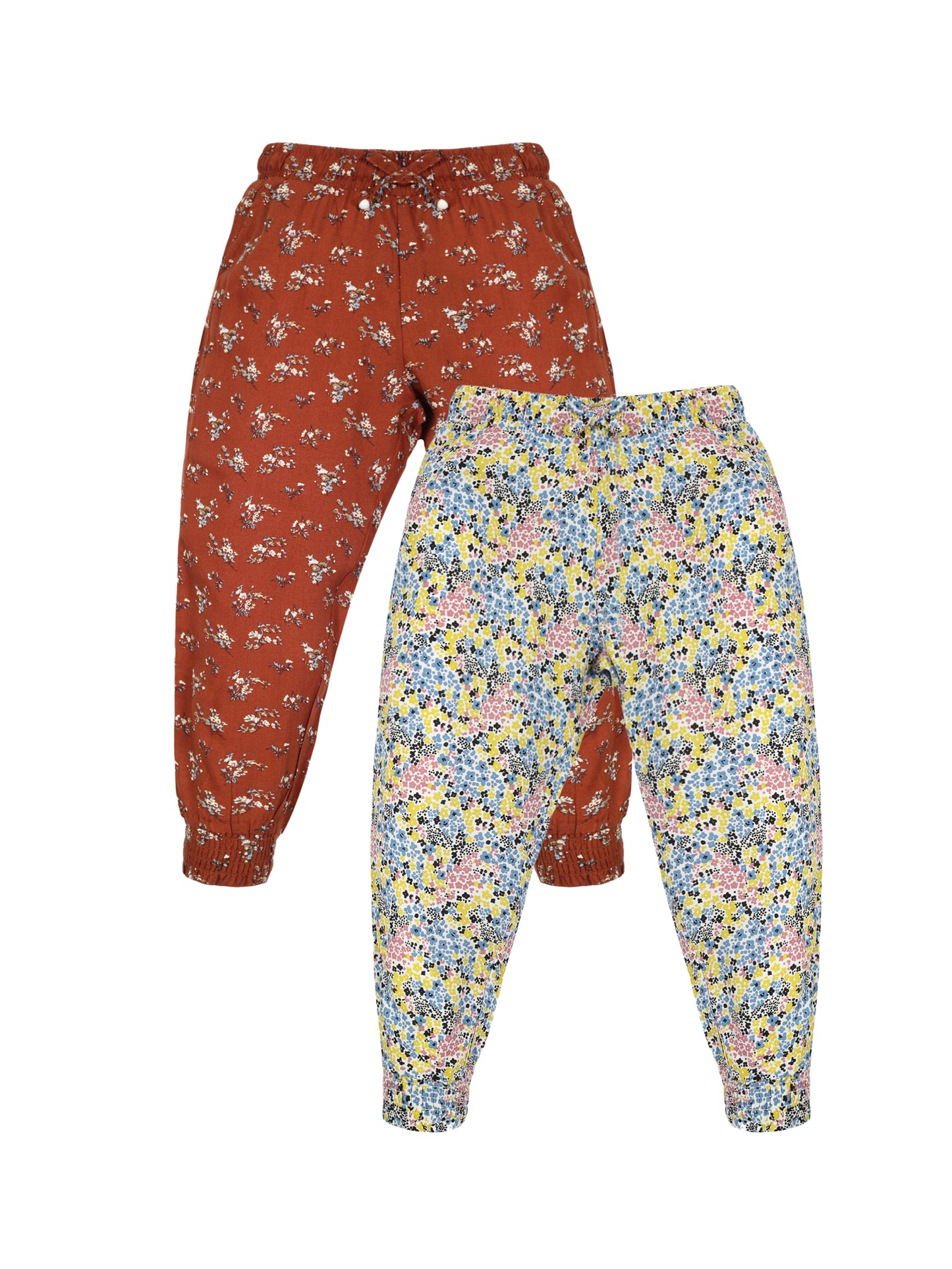 Plum Tree Girls Flower Print Rayon Pant  ( Pack of 2) - ORANGE WHITE AOP