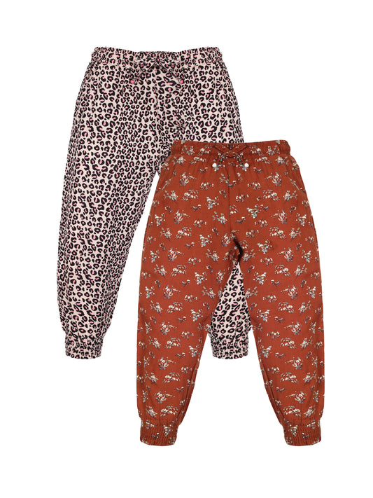 Plum Tree Girls Flower Print Rayon Pant  ( Pack of 2) - ORANGE PEACH