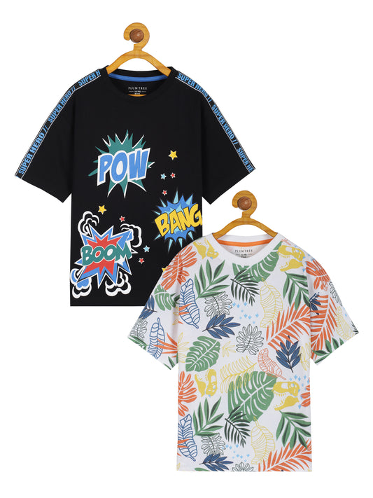 Plum Tree Boys Half Sleeve Oversized T-shirt( Pack of 2)-OFF WHITE BLACK