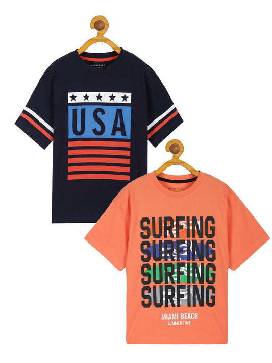 Plum Tree Boys Half Sleeve Oversized T-shirt( Pack of 2)-ORANGE NAVY