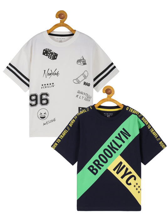 Plum Tree Boys Half Sleeve Oversized T-shirt( Pack of 2)-OFF WHITE NAVY