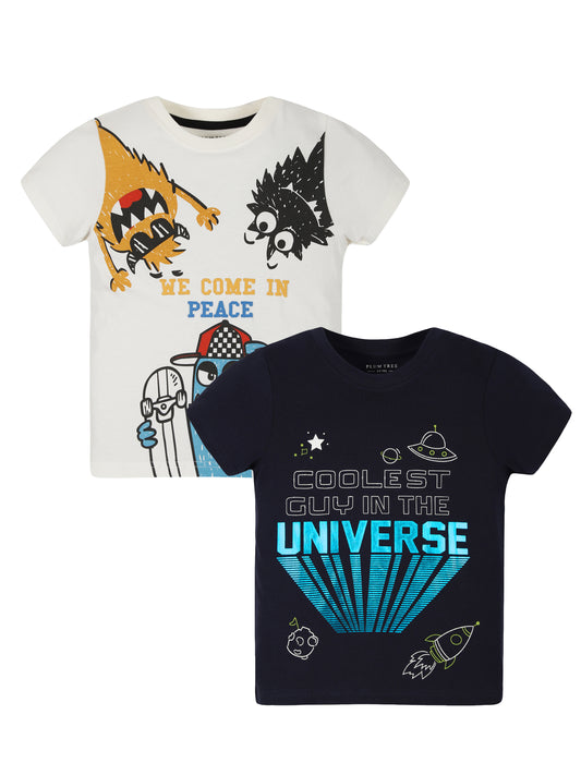Plum Tree Boys Half Sleeve Universe Print T-shirt( Pack of 2)-OFF WHITE	NAVY