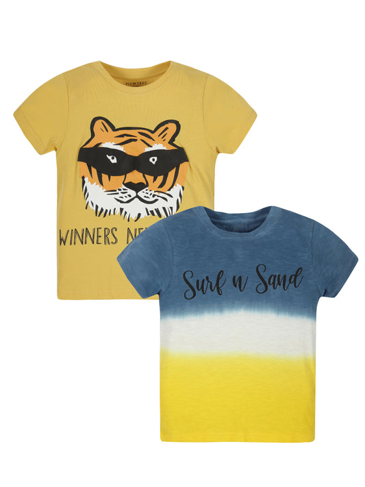 Plum Tree Boys Half Sleeve Tiger Print T-shirt( Pack of 2)-MUSTARD	OFF WHITE