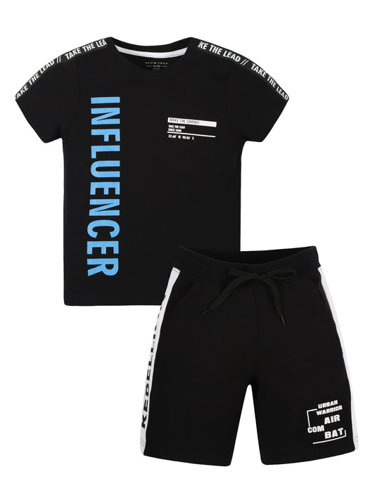 Plum Tree Boys Half Sleeve Influencer Print T-shirt & Shorts ( Sets)-BLACK BLACK