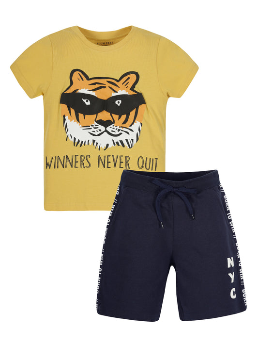 Plum Tree Boys Half Sleeve Tiger Print T-shirt & Printed Tape Shorts ( Sets)-MUSTARD	NAVY
