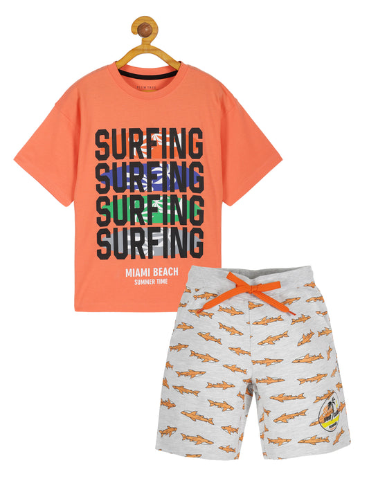 Plum Tree Boys Half Sleeve Surfing Print T-shirt &  Shorts ( Sets)-ORANGE BLEACH MELANGE