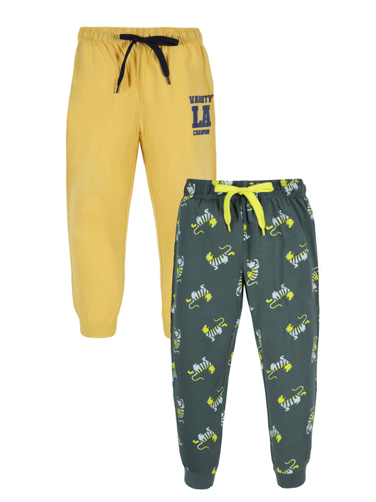 Plum Tree Boys Champion Print Joggers track pant ( Pack of 2)-GREEN MUSTARD