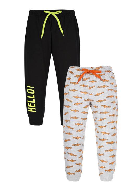 Plum Tree Boys Shark Print Joggers track pant ( Pack of 2)-BLEACH MELANGE BLACK